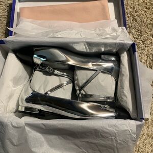 Stuart Weitzman Silver and Black Eden Strap Flats